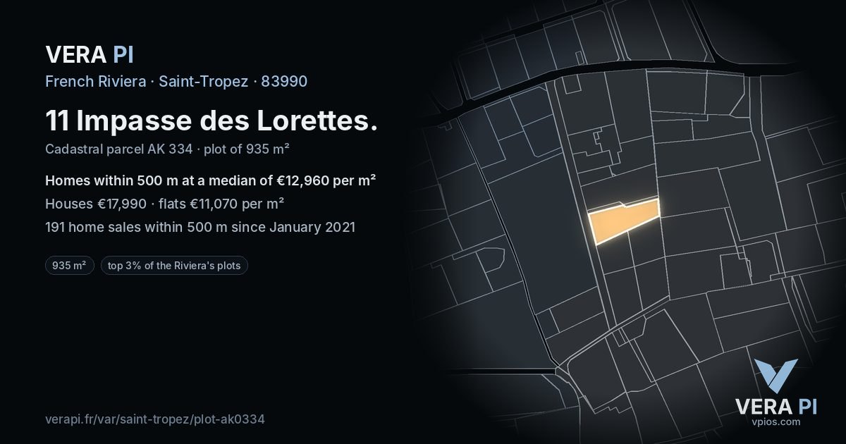 11 Impasse des Lorettes, Saint-Tropez at night – the plot lit, the parcels around coloured by the prices near them
