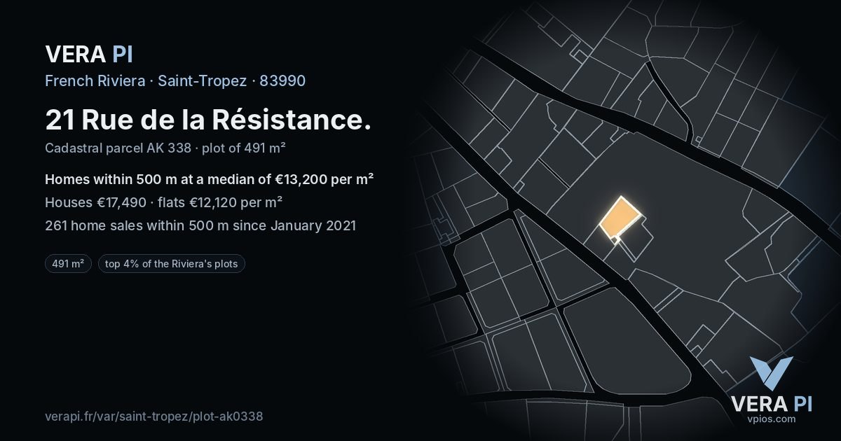 21 Rue de la Résistance, Saint-Tropez at night – the plot lit, the parcels around coloured by the prices near them