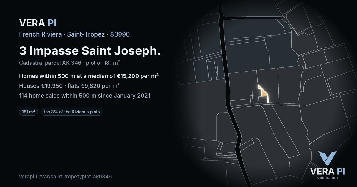 3 Impasse Saint Joseph, Saint-Tropez at night – the plot lit, the parcels around coloured by the prices near them