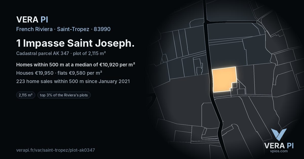 1 Impasse Saint Joseph, Saint-Tropez at night – the plot lit, the parcels around coloured by the prices near them