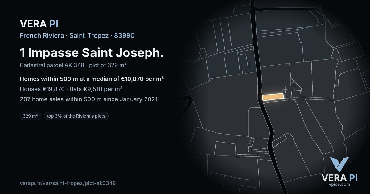1 Impasse Saint Joseph, Saint-Tropez at night – the plot lit, the parcels around coloured by the prices near them