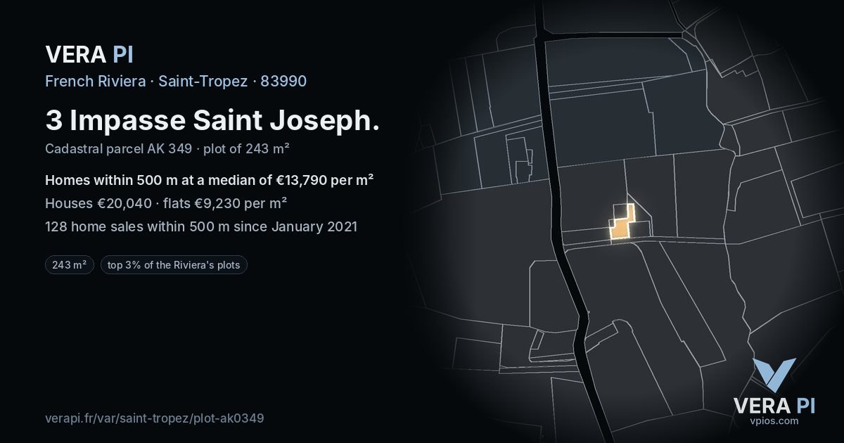 3 Impasse Saint Joseph, Saint-Tropez at night – the plot lit, the parcels around coloured by the prices near them