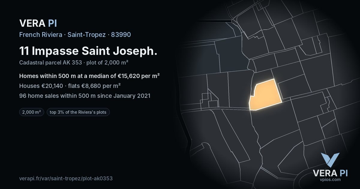 11 Impasse Saint Joseph, Saint-Tropez at night – the plot lit, the parcels around coloured by the prices near them