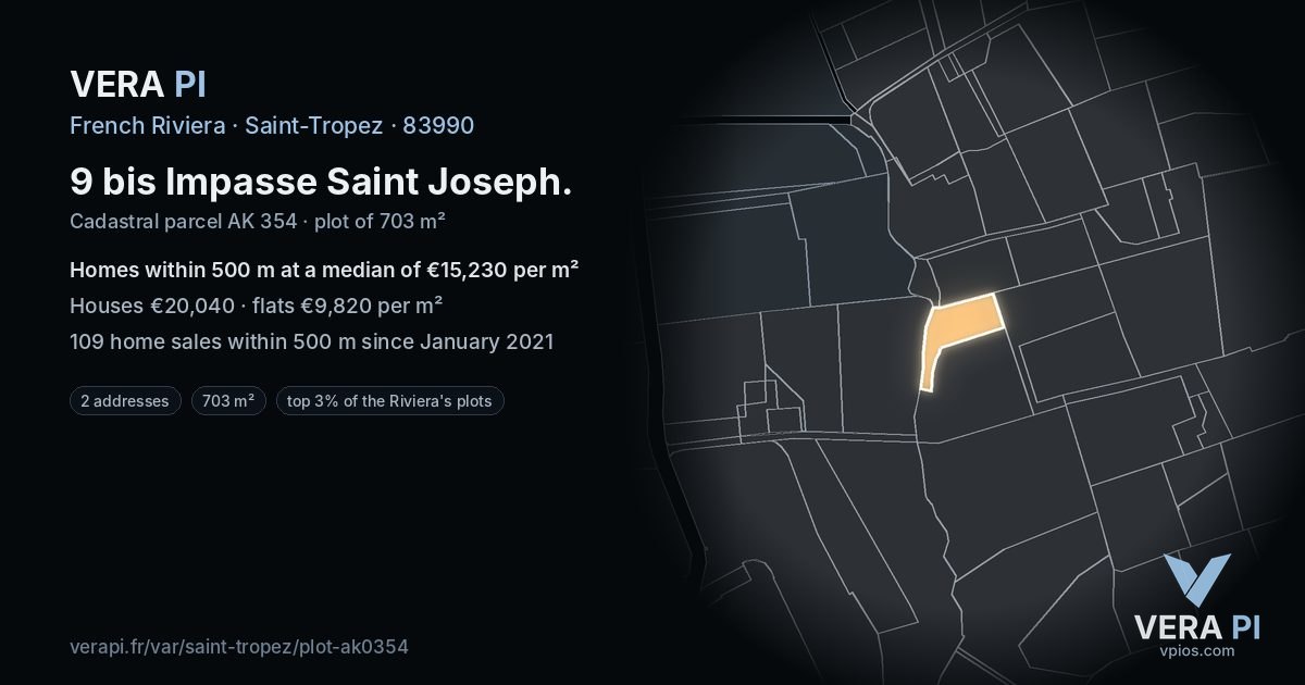 9 bis Impasse Saint Joseph, Saint-Tropez at night – the plot lit, the parcels around coloured by the prices near them