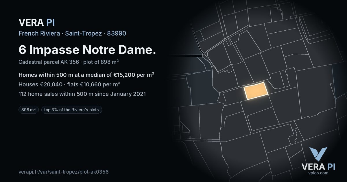 6 Impasse Notre Dame, Saint-Tropez at night – the plot lit, the parcels around coloured by the prices near them