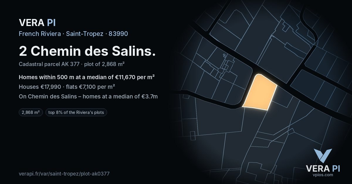 2 Chemin des Salins, Saint-Tropez at night – the plot lit, the parcels around coloured by the prices near them
