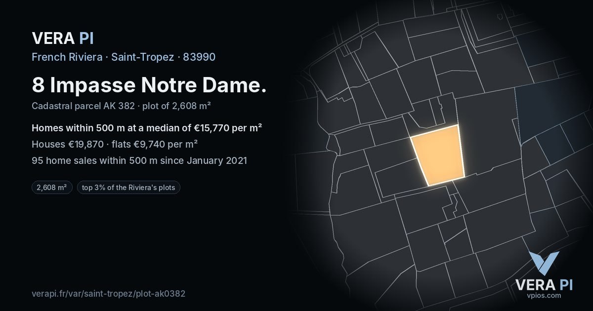 8 Impasse Notre Dame, Saint-Tropez at night – the plot lit, the parcels around coloured by the prices near them