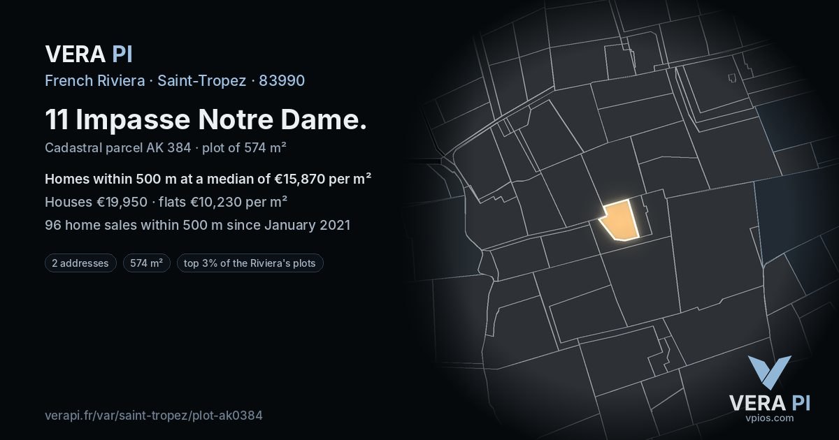 11 Impasse Notre Dame, Saint-Tropez at night – the plot lit, the parcels around coloured by the prices near them