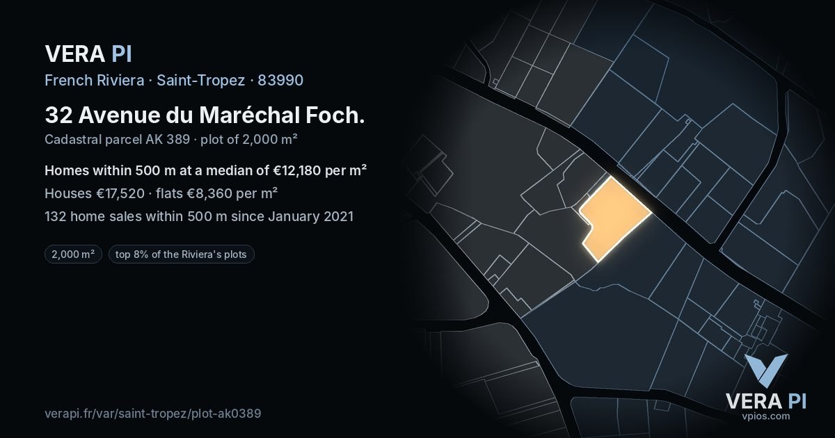 32 Avenue du Maréchal Foch, Saint-Tropez at night – the plot lit, the parcels around coloured by the prices near them
