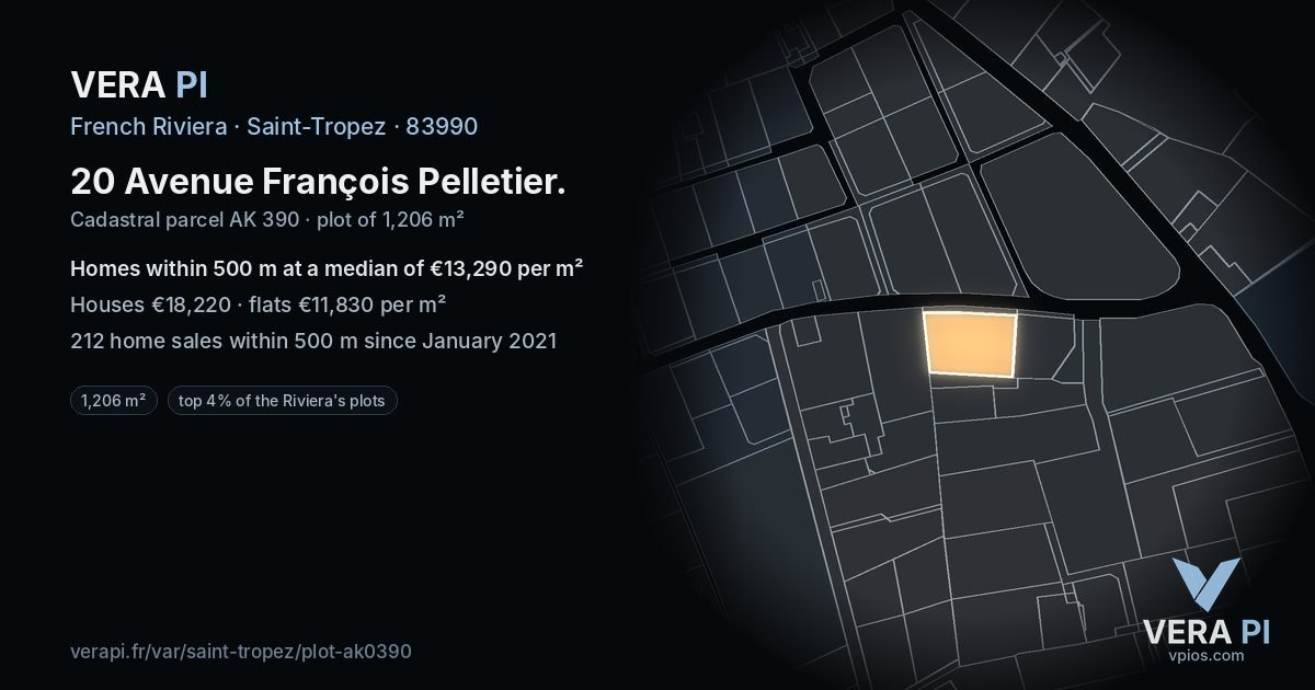 20 Avenue François Pelletier, Saint-Tropez at night – the plot lit, the parcels around coloured by the prices near them