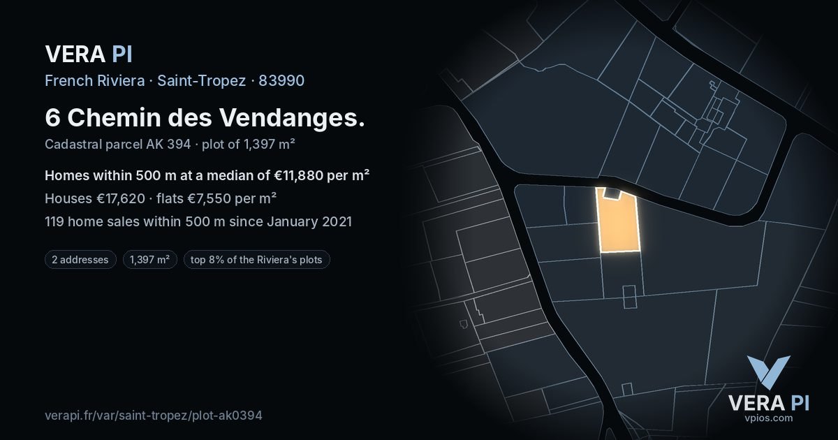 6 Chemin des Vendanges, Saint-Tropez at night – the plot lit, the parcels around coloured by the prices near them