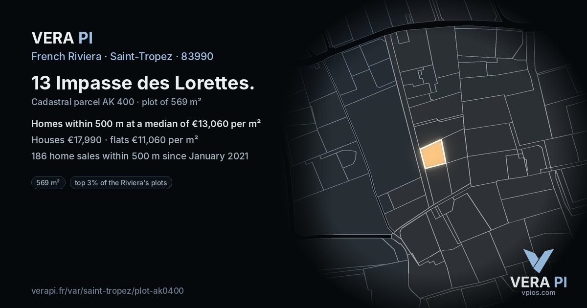 13 Impasse des Lorettes, Saint-Tropez at night – the plot lit, the parcels around coloured by the prices near them