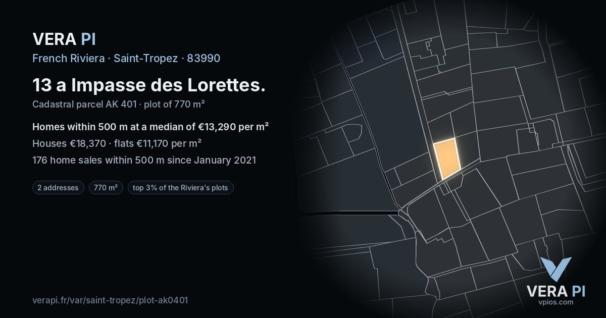 13 a Impasse des Lorettes, Saint-Tropez at night – the plot lit, the parcels around coloured by the prices near them