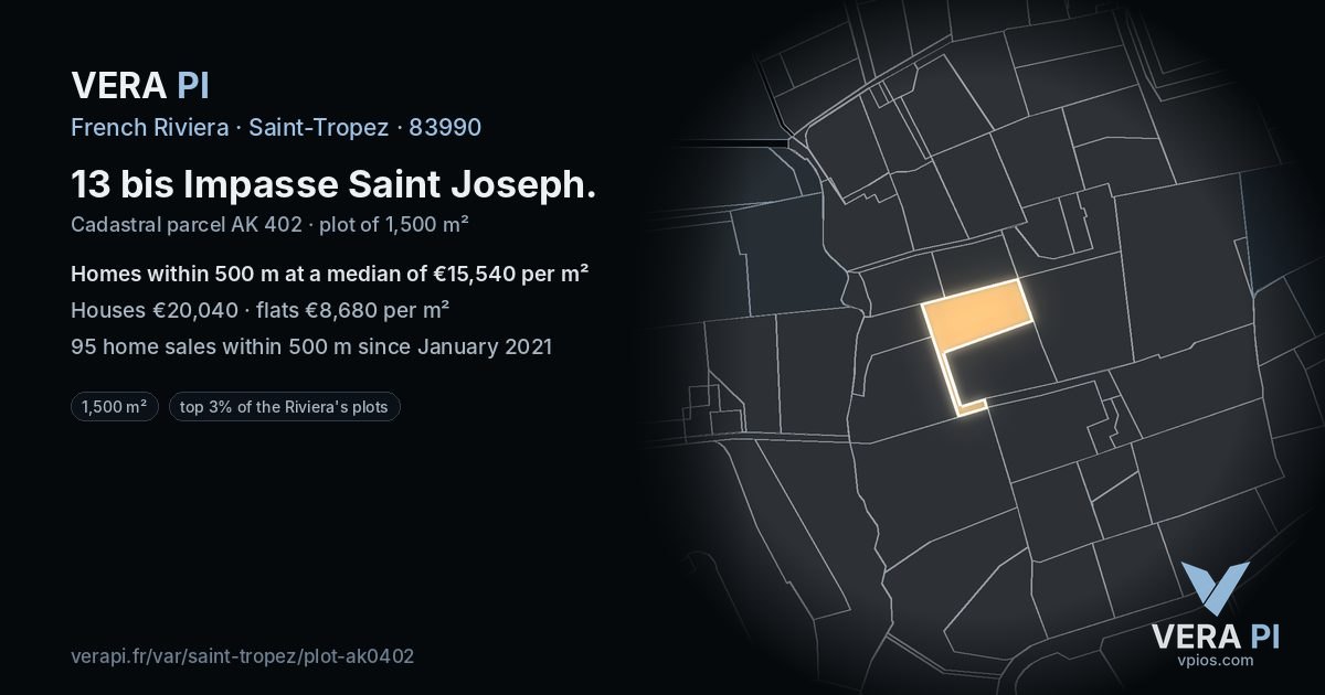 13 bis Impasse Saint Joseph, Saint-Tropez at night – the plot lit, the parcels around coloured by the prices near them