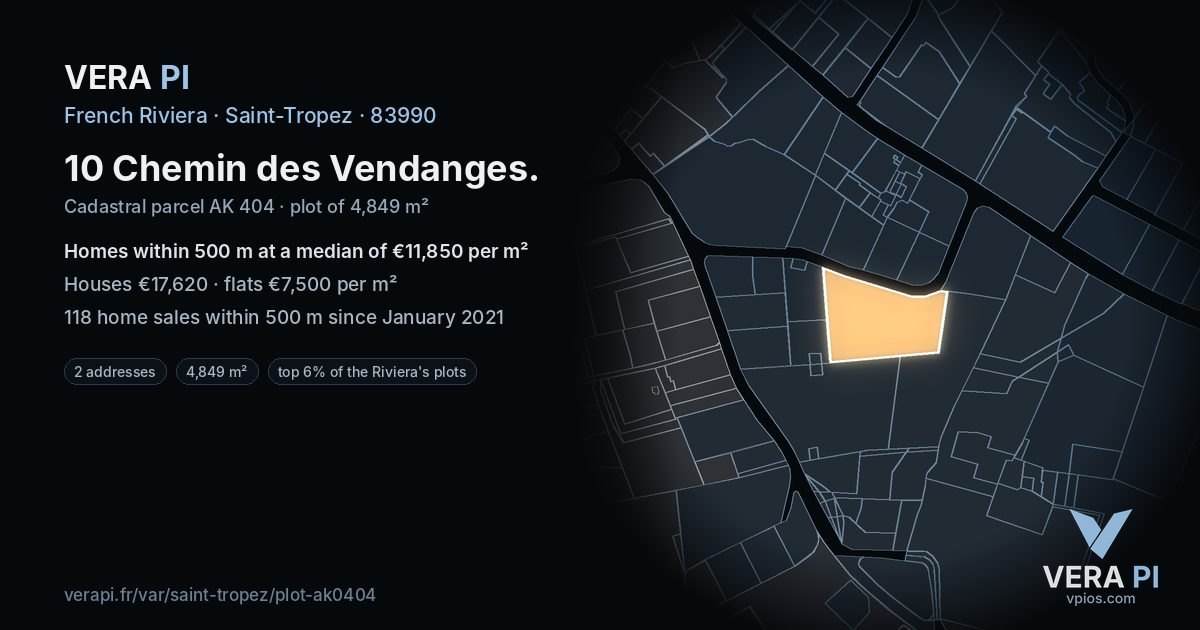 10 Chemin des Vendanges, Saint-Tropez at night – the plot lit, the parcels around coloured by the prices near them
