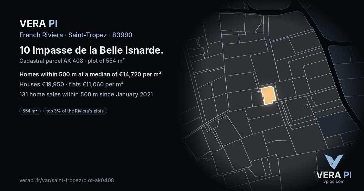 10 Impasse de la Belle Isnarde, Saint-Tropez at night – the plot lit, the parcels around coloured by the prices near them