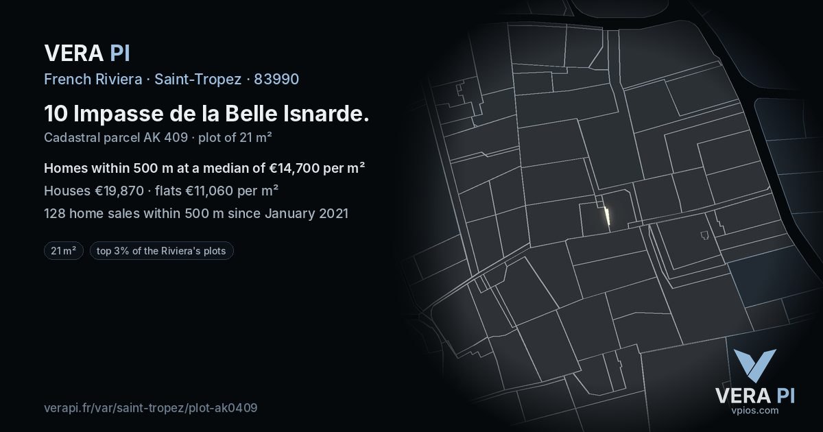 10 Impasse de la Belle Isnarde, Saint-Tropez at night – the plot lit, the parcels around coloured by the prices near them