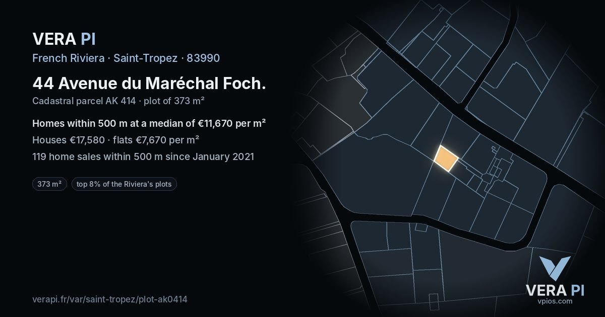 44 Avenue du Maréchal Foch, Saint-Tropez at night – the plot lit, the parcels around coloured by the prices near them
