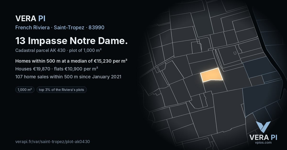 13 Impasse Notre Dame, Saint-Tropez at night – the plot lit, the parcels around coloured by the prices near them