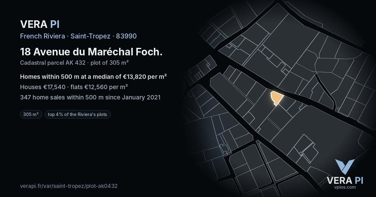 18 Avenue du Maréchal Foch, Saint-Tropez at night – the plot lit, the parcels around coloured by the prices near them