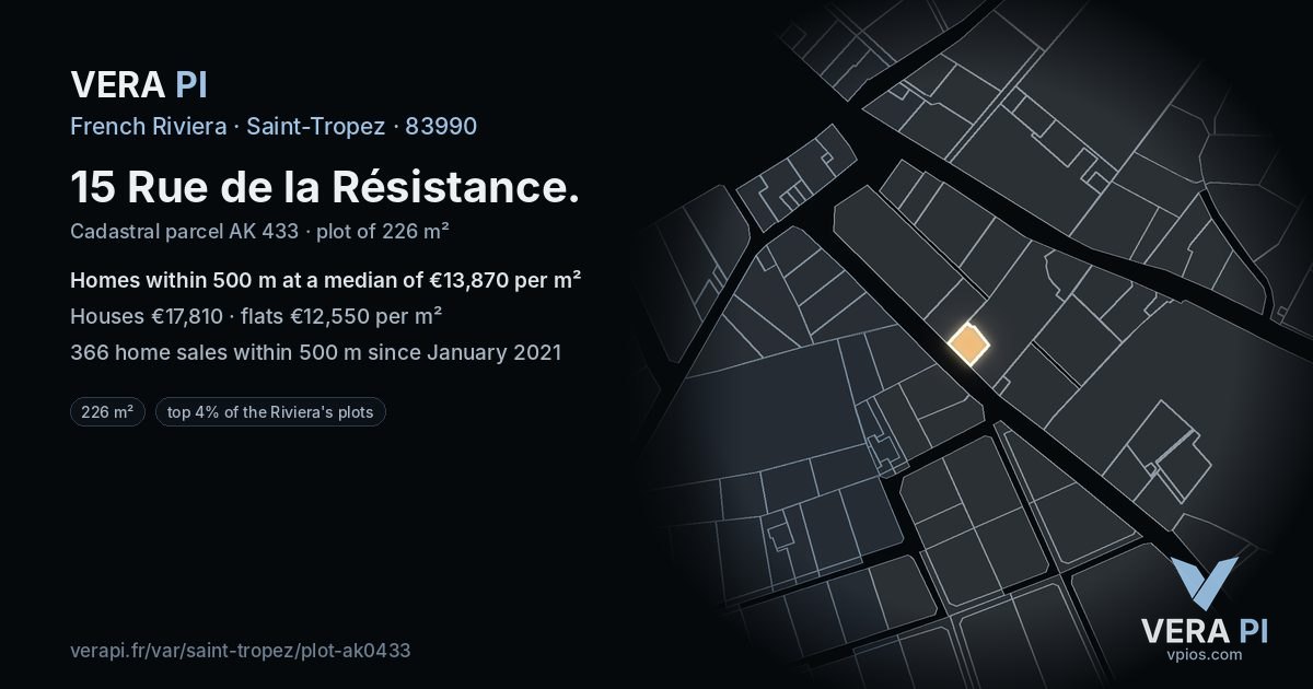 15 Rue de la Résistance, Saint-Tropez at night – the plot lit, the parcels around coloured by the prices near them