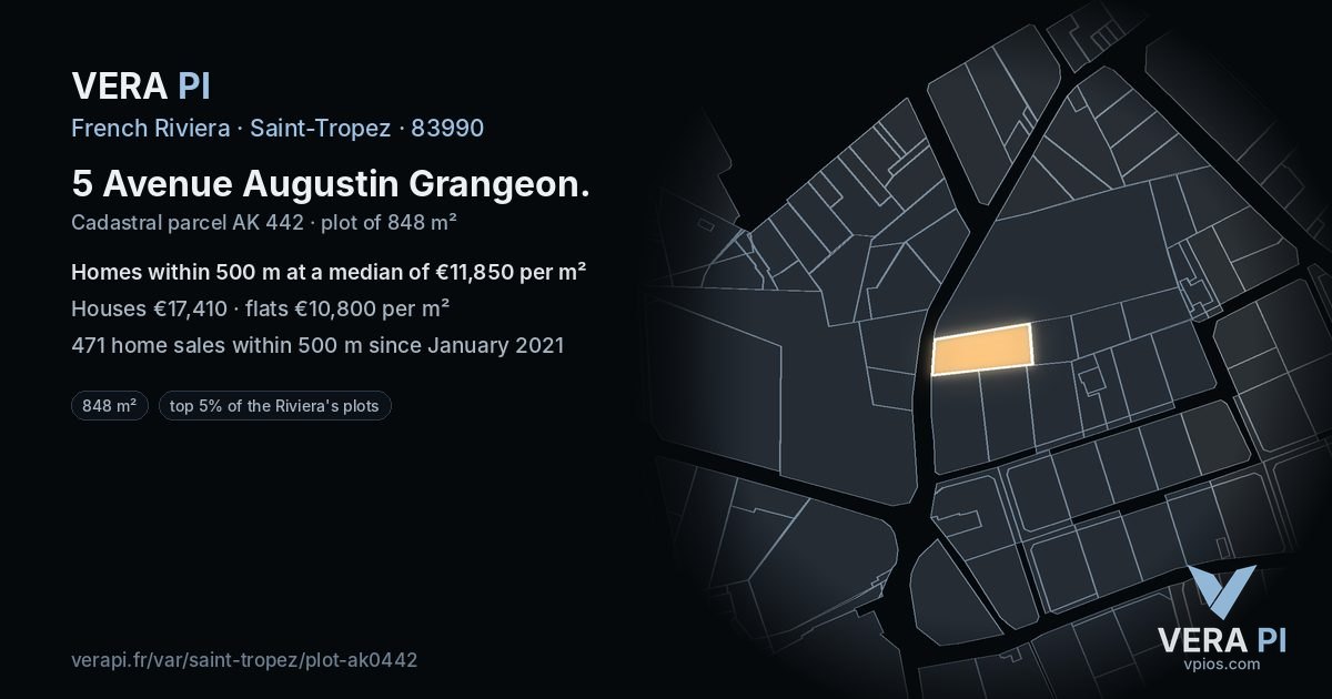 5 Avenue Augustin Grangeon, Saint-Tropez at night – the plot lit, the parcels around coloured by the prices near them