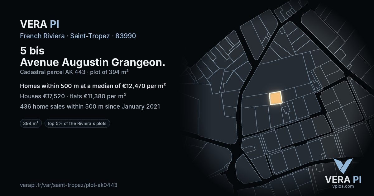 5 bis Avenue Augustin Grangeon, Saint-Tropez at night – the plot lit, the parcels around coloured by the prices near them