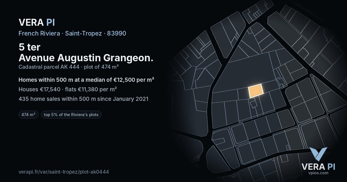5 ter Avenue Augustin Grangeon, Saint-Tropez at night – the plot lit, the parcels around coloured by the prices near them