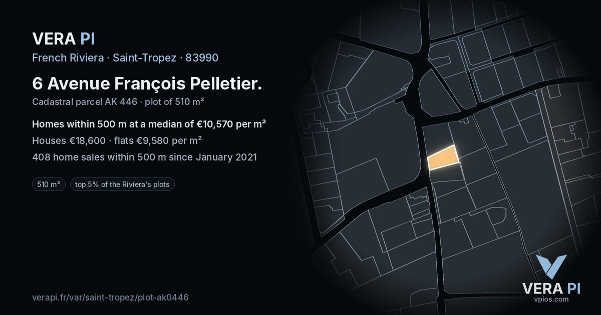 6 Avenue François Pelletier, Saint-Tropez at night – the plot lit, the parcels around coloured by the prices near them