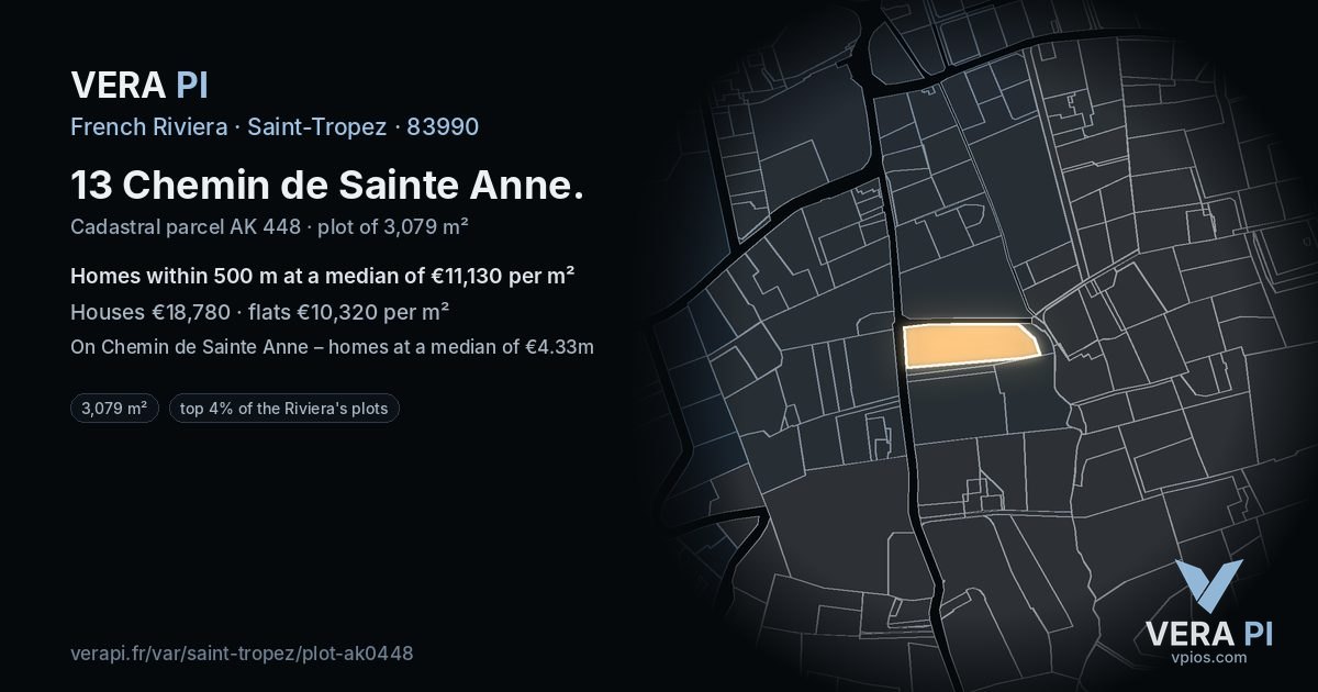 13 Chemin de Sainte Anne, Saint-Tropez at night – the plot lit, the parcels around coloured by the prices near them