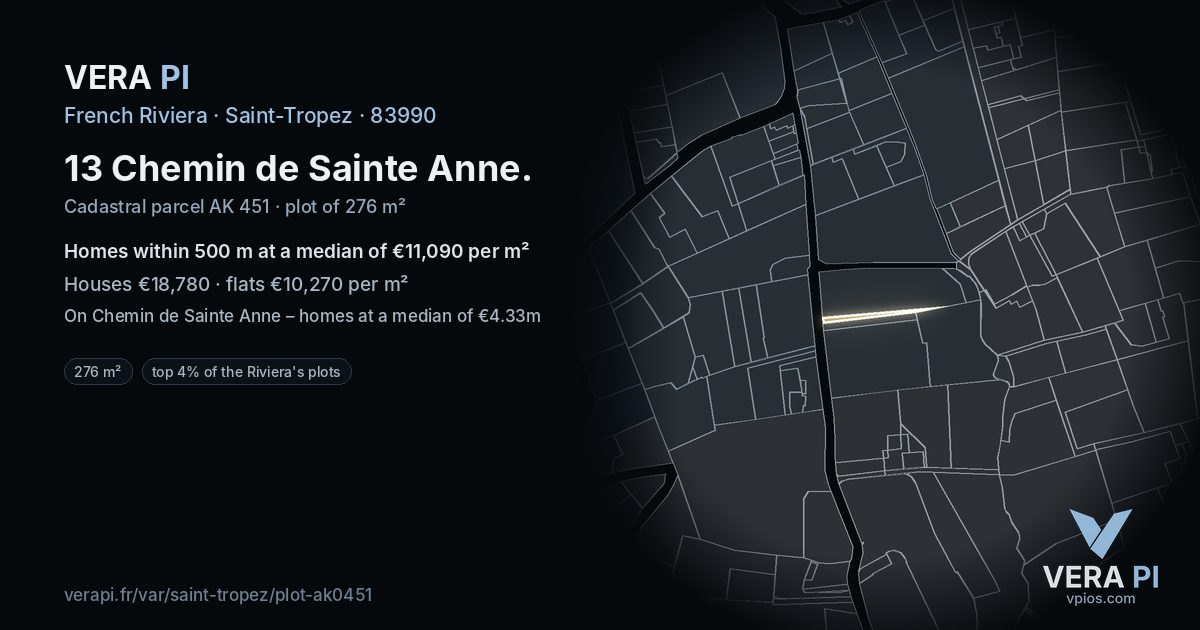 13 Chemin de Sainte Anne, Saint-Tropez at night – the plot lit, the parcels around coloured by the prices near them