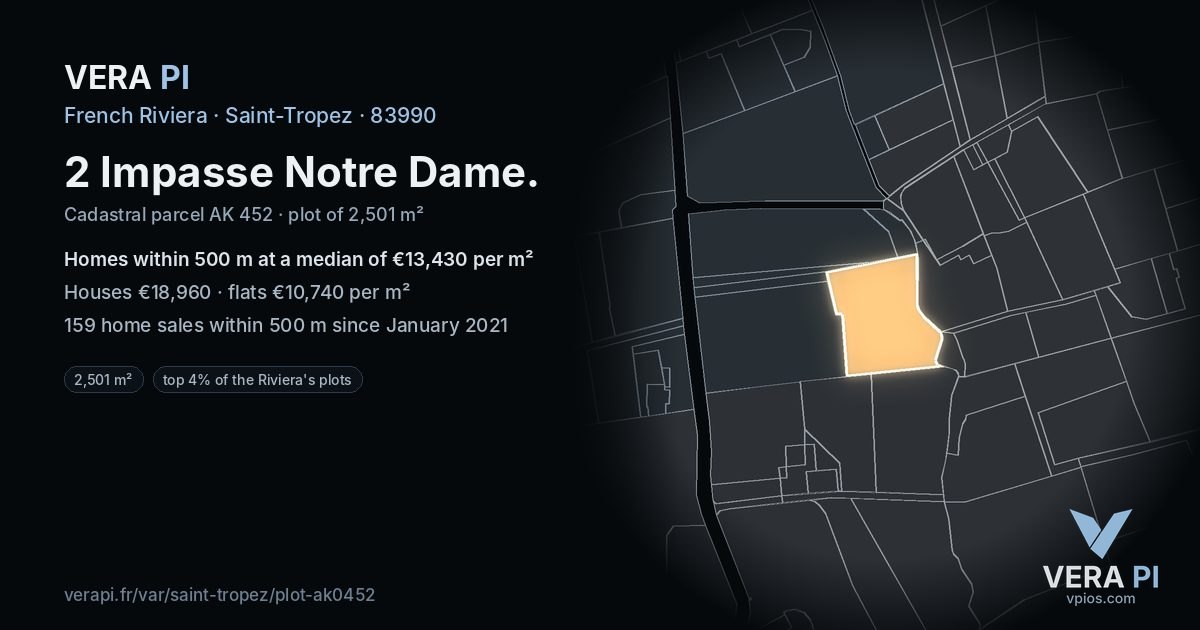 2 Impasse Notre Dame, Saint-Tropez at night – the plot lit, the parcels around coloured by the prices near them