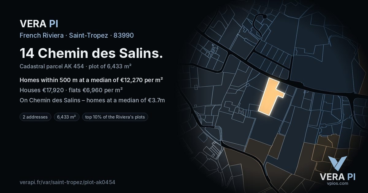 14 Chemin des Salins, Saint-Tropez at night – the plot lit, the parcels around coloured by the prices near them