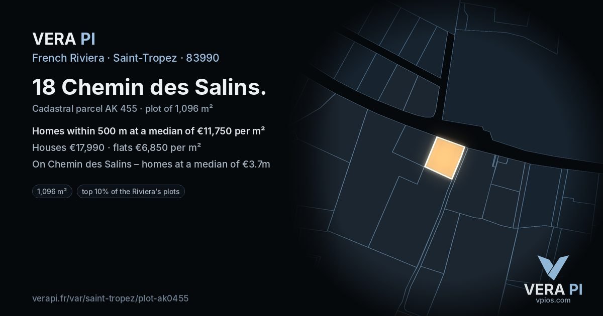 18 Chemin des Salins, Saint-Tropez at night – the plot lit, the parcels around coloured by the prices near them