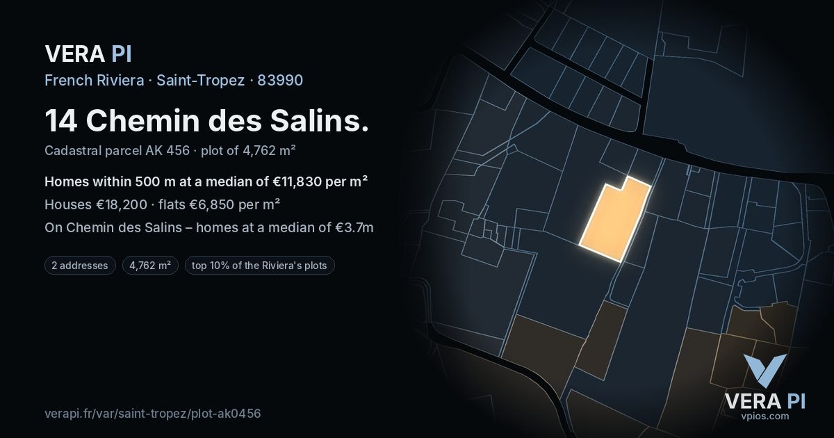 14 Chemin des Salins, Saint-Tropez at night – the plot lit, the parcels around coloured by the prices near them