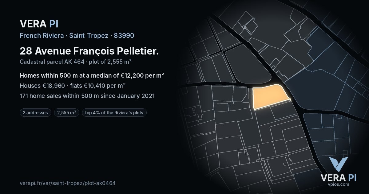 28 Avenue François Pelletier, Saint-Tropez at night – the plot lit, the parcels around coloured by the prices near them
