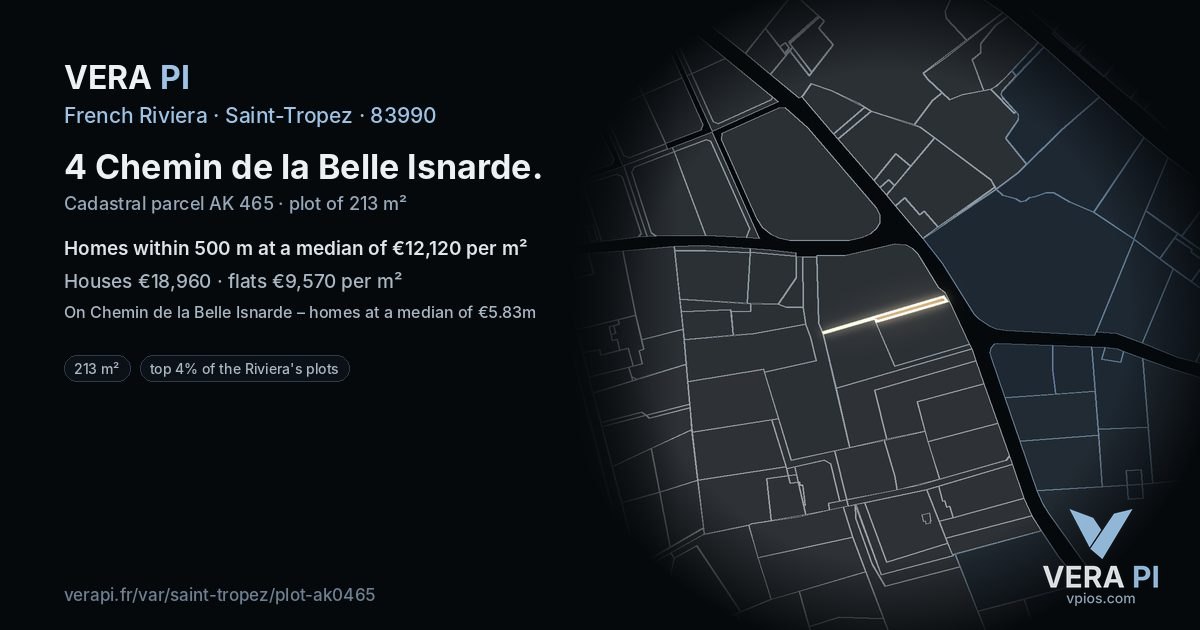 4 Chemin de la Belle Isnarde, Saint-Tropez at night – the plot lit, the parcels around coloured by the prices near them