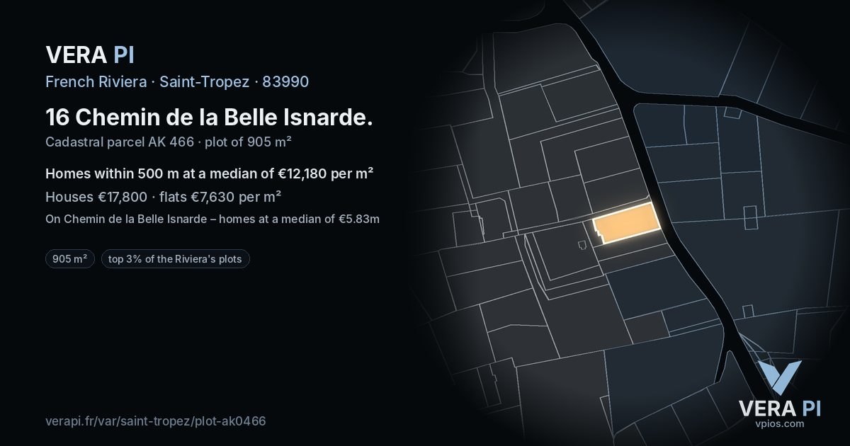 16 Chemin de la Belle Isnarde, Saint-Tropez at night – the plot lit, the parcels around coloured by the prices near them