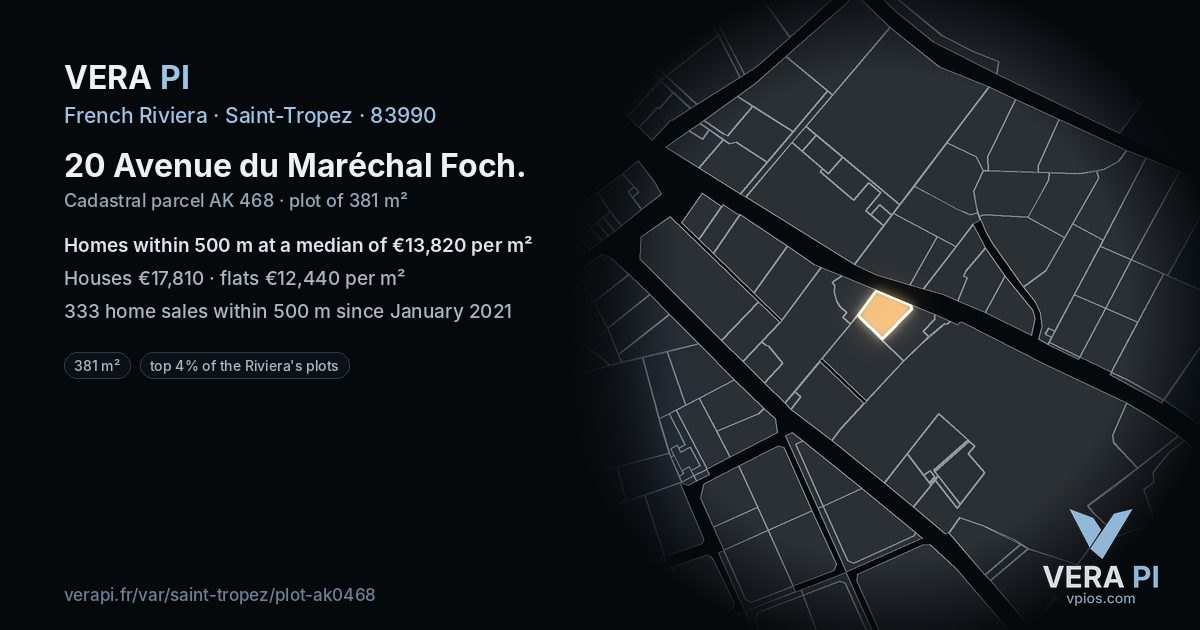 20 Avenue du Maréchal Foch, Saint-Tropez at night – the plot lit, the parcels around coloured by the prices near them