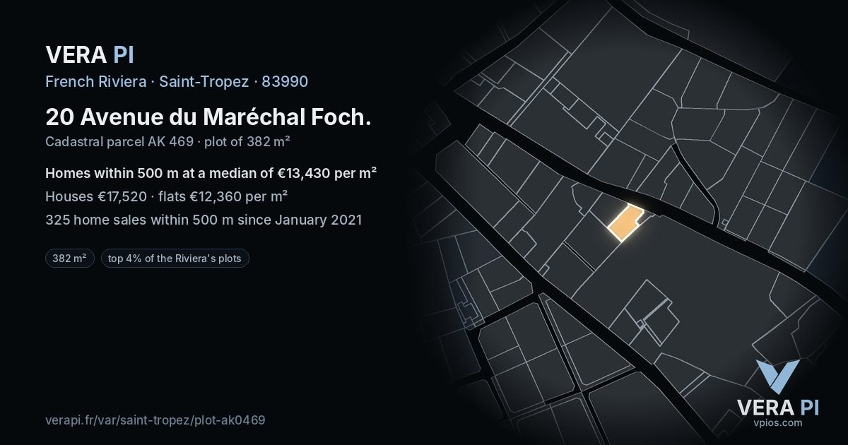 20 Avenue du Maréchal Foch, Saint-Tropez at night – the plot lit, the parcels around coloured by the prices near them