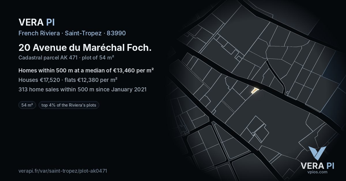 20 Avenue du Maréchal Foch, Saint-Tropez at night – the plot lit, the parcels around coloured by the prices near them