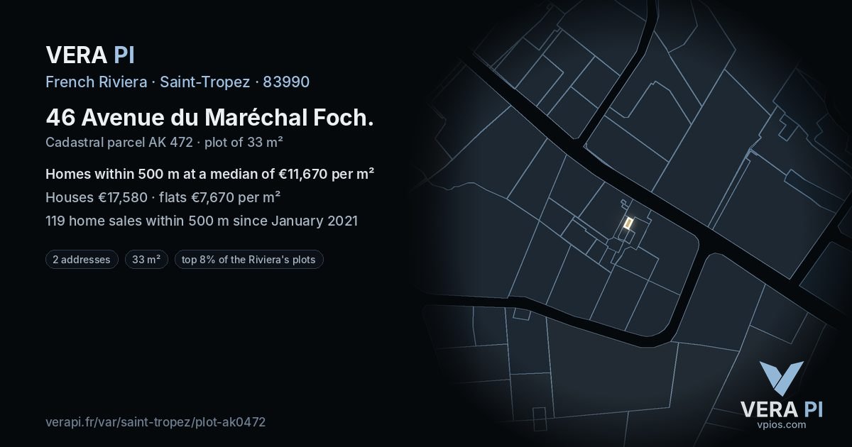 46 Avenue du Maréchal Foch, Saint-Tropez at night – the plot lit, the parcels around coloured by the prices near them