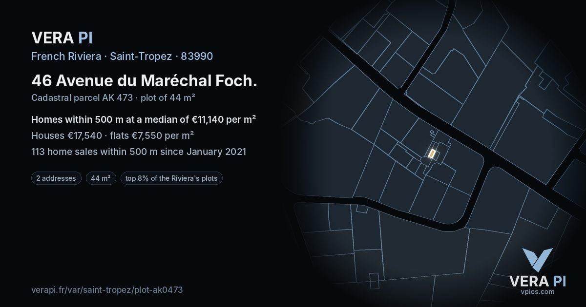 46 Avenue du Maréchal Foch, Saint-Tropez at night – the plot lit, the parcels around coloured by the prices near them