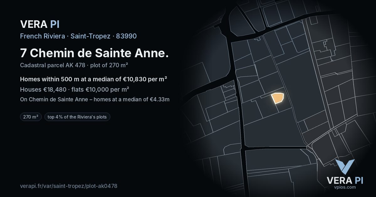7 Chemin de Sainte Anne, Saint-Tropez at night – the plot lit, the parcels around coloured by the prices near them