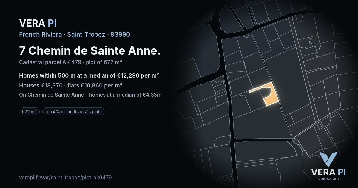 7 Chemin de Sainte Anne, Saint-Tropez at night – the plot lit, the parcels around coloured by the prices near them