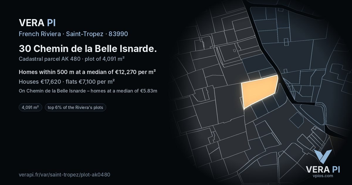 30 Chemin de la Belle Isnarde, Saint-Tropez at night – the plot lit, the parcels around coloured by the prices near them