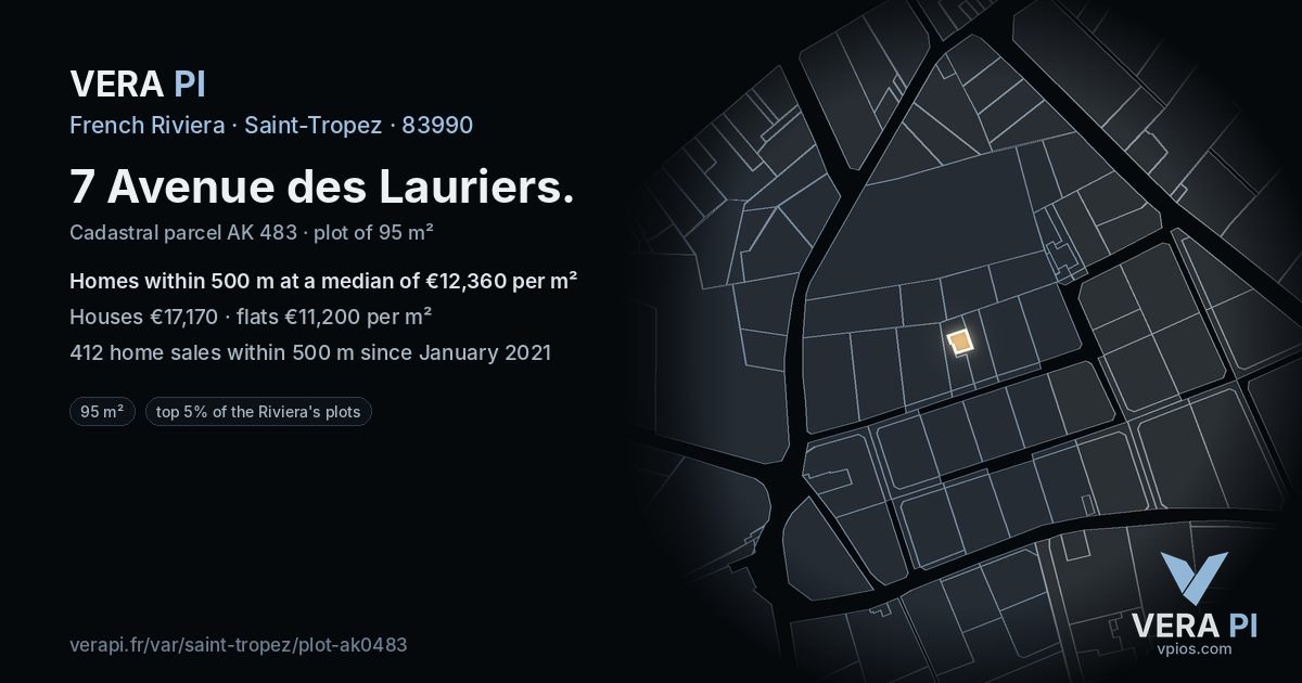 7 Avenue des Lauriers, Saint-Tropez at night – the plot lit, the parcels around coloured by the prices near them
