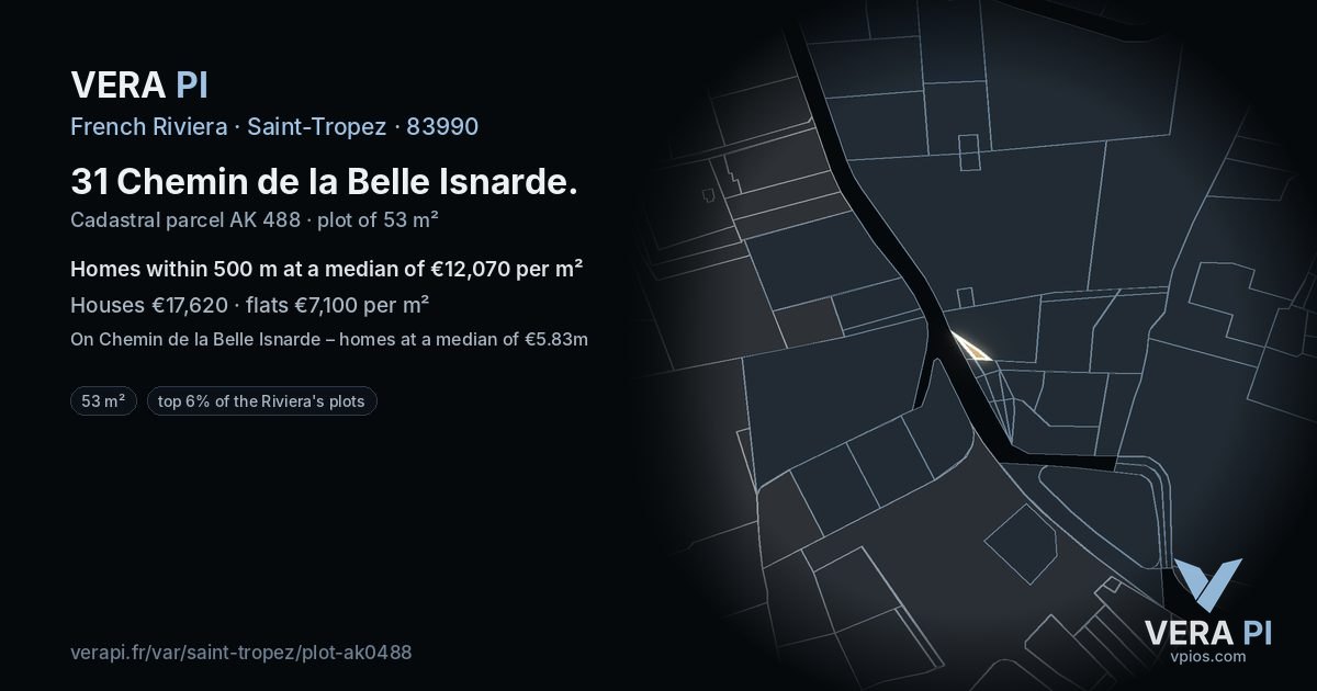 31 Chemin de la Belle Isnarde, Saint-Tropez at night – the plot lit, the parcels around coloured by the prices near them