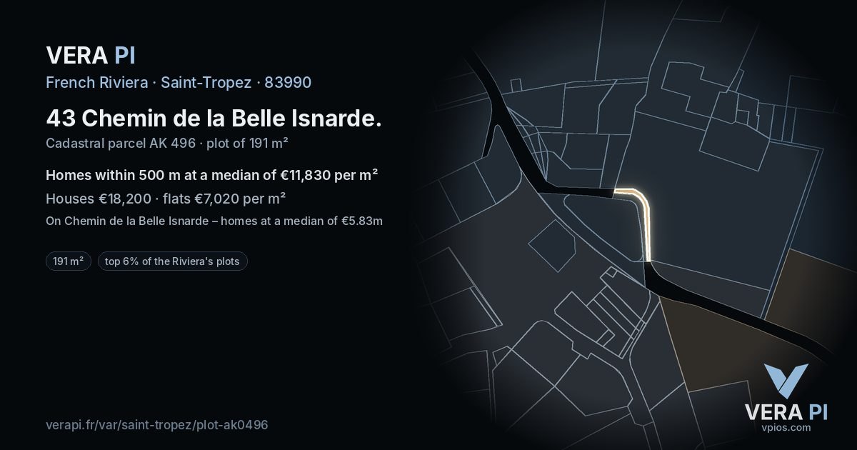 43 Chemin de la Belle Isnarde, Saint-Tropez at night – the plot lit, the parcels around coloured by the prices near them