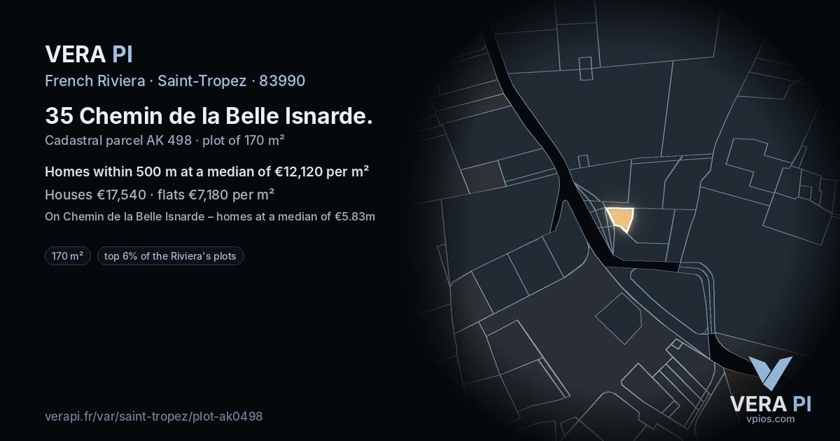 35 Chemin de la Belle Isnarde, Saint-Tropez at night – the plot lit, the parcels around coloured by the prices near them